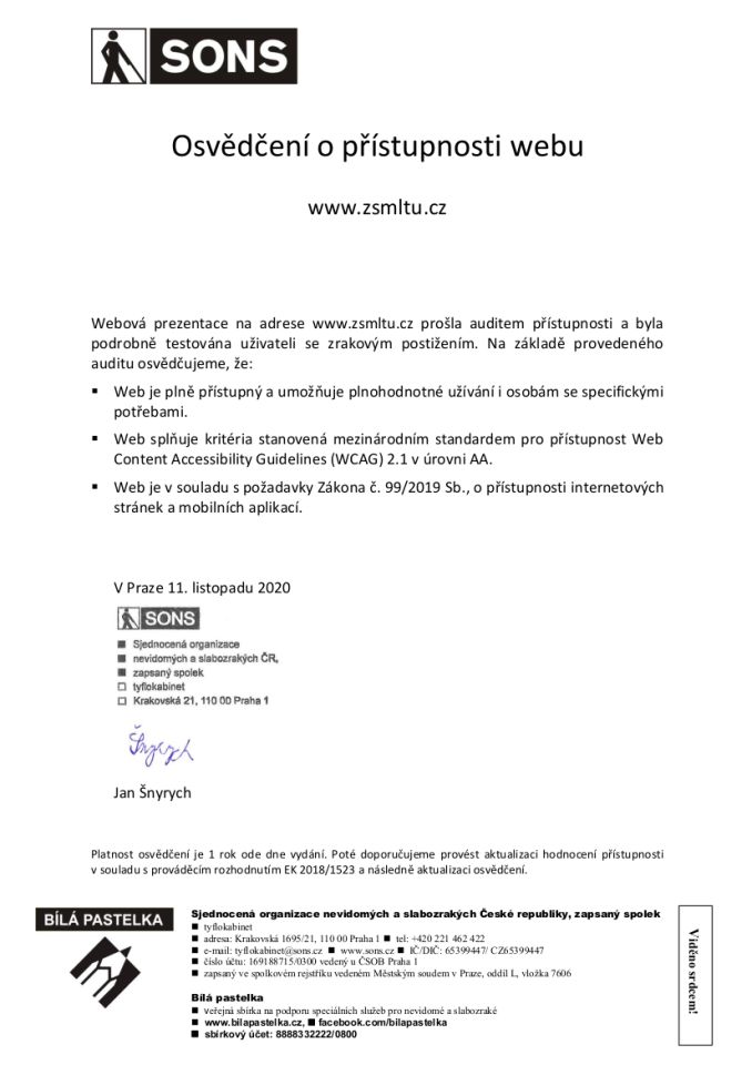 Certificate of accessibility of the https://zsmltu.cz website at the AA level from the SONS organization