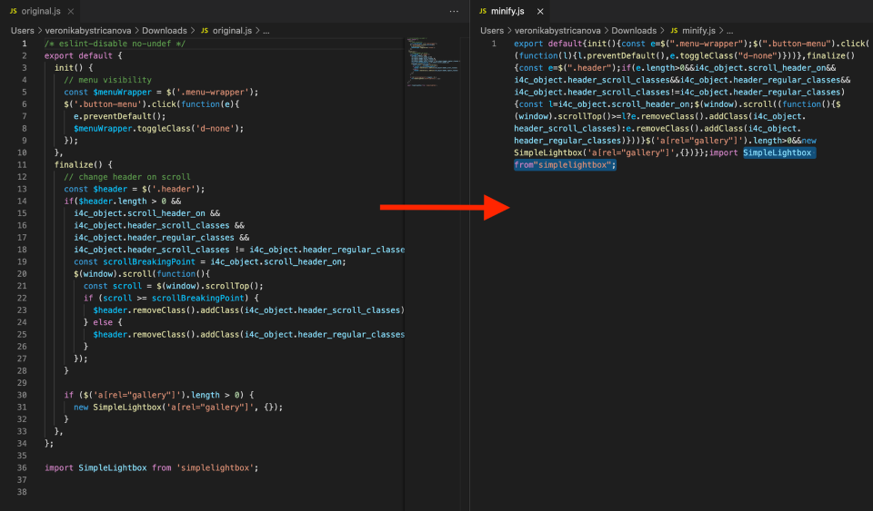 Difference between original and minified code